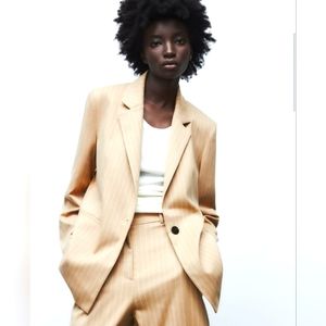 NWT Zara Oversized Women Striped Blazer Taupe Brown Size S